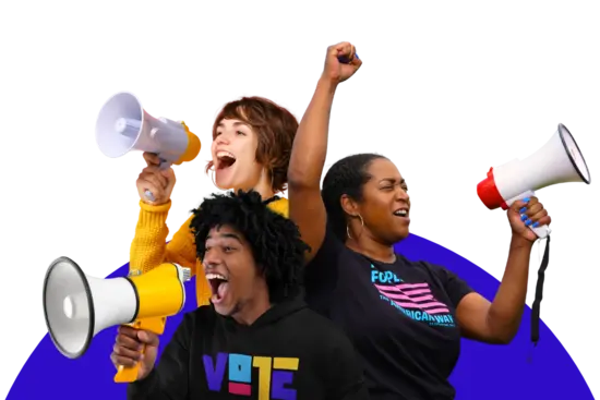 Three people with megaphones in front of a blue half circle