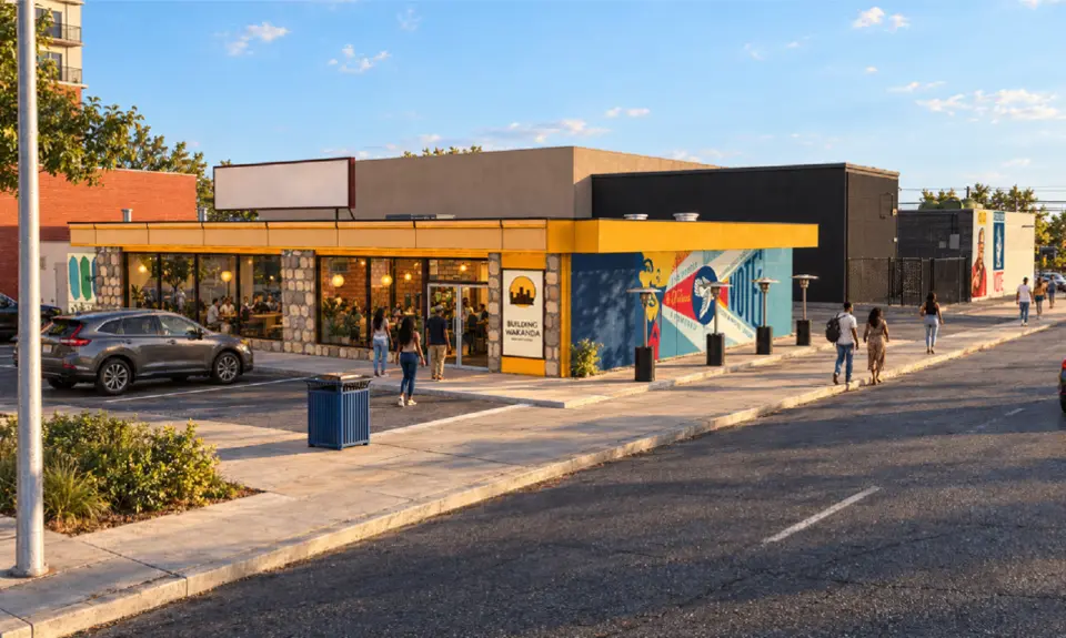 A rendering of a mural to be painting outisde The Breakfast Klub in Houston, Texas.