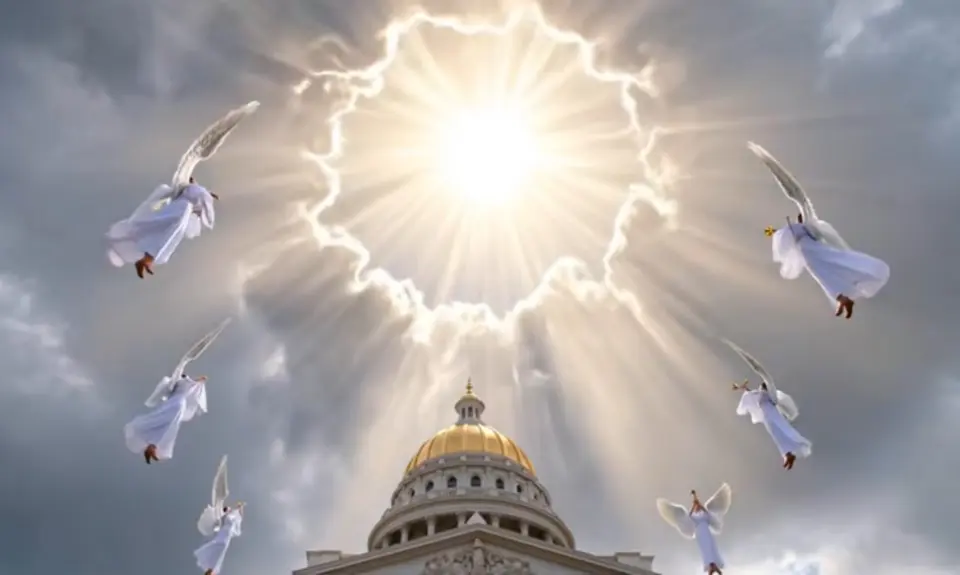 Illustration shows angels surrounding a portal to the heaves above the Colorado statehouse. 
