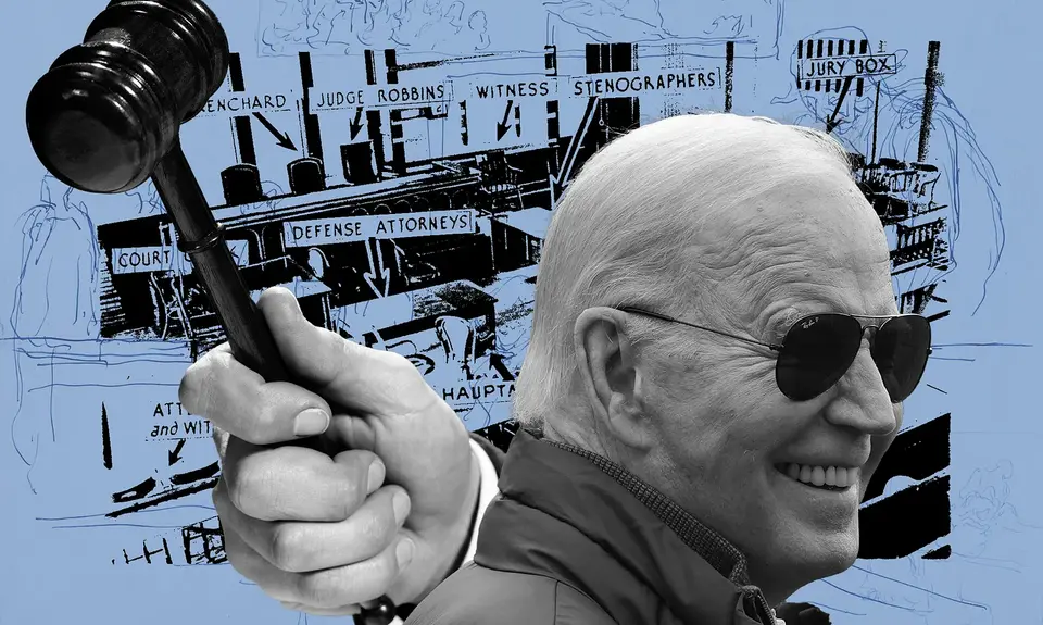 Graphic with President Biden transposed around courtroom materials