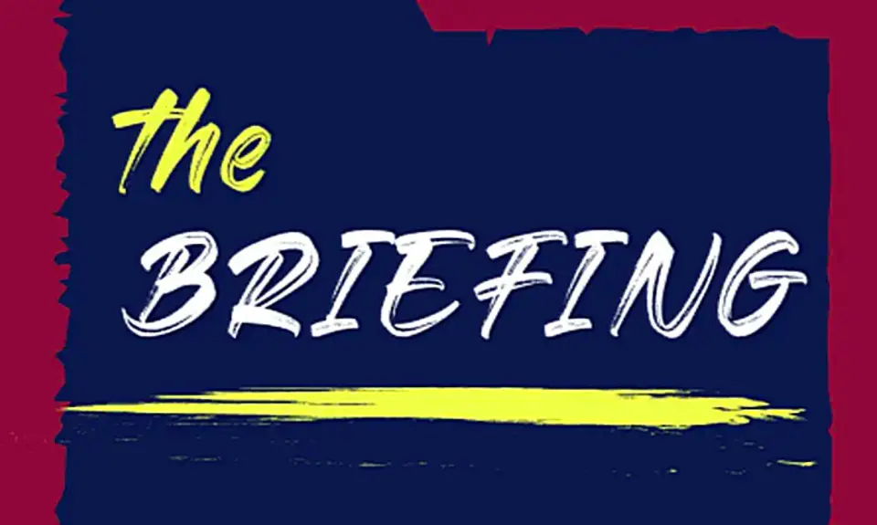 Logo for The Briefing feature: text on file folder-shaped background