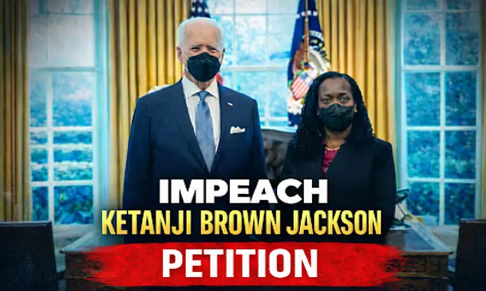 Image from CT GOP fundraising email shows then-Supreme Court nominee Ketanji Brown Jackson standing next to President Joe Biden in the Oval Office. Both are wearing black COVID masks. Text superimposed on the image reades IMPEACH KETANJI BROWN JACKSON PETITION