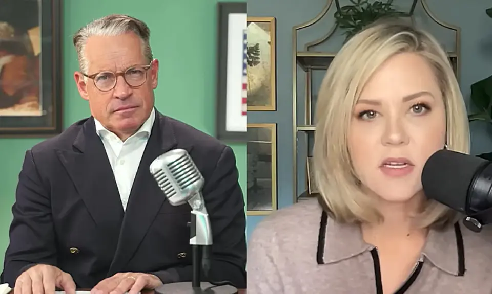 Split screen image from Eric Metaxas podcast shows Metaxas on left seated behind a microphone and Megan Basham on the right, seated and speaking into a microphone. 