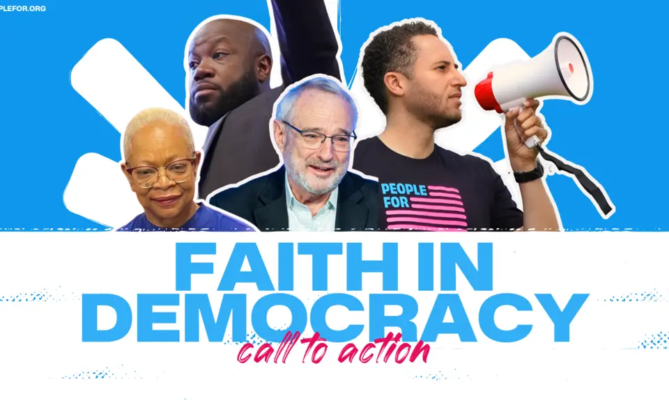 A group of people arranged above a graphic that reads "Faith in Democracy Call to Action"