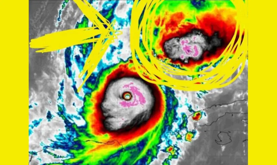 Colorful radar image of Hurricane Milton with hand-drawn circles and arrows pointing to storm