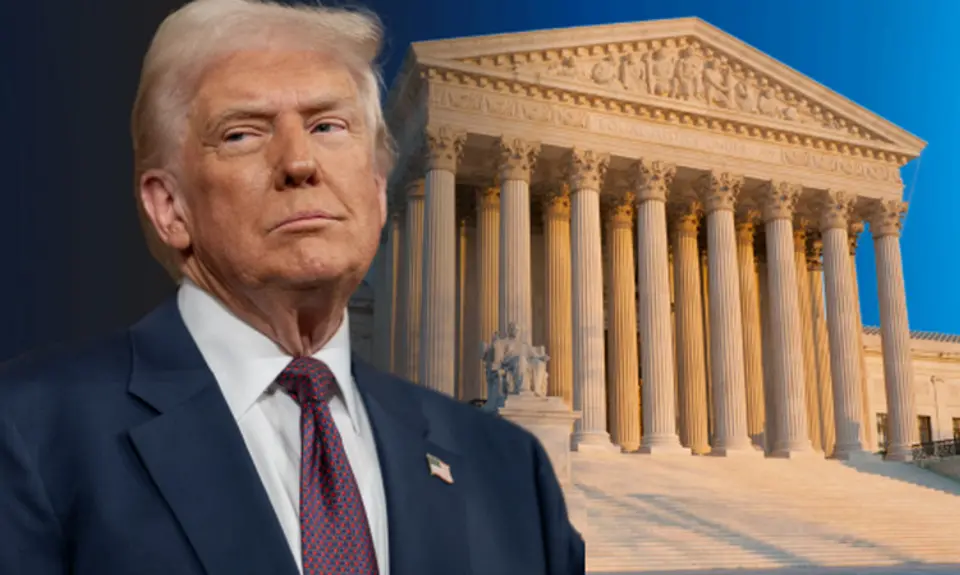 Graphic from Intercessors for America's "special report" titled "Power Struggle: Trump vs. Activist Judges" is photo montage of Trump and front of the U.S. Supreme Court building. 