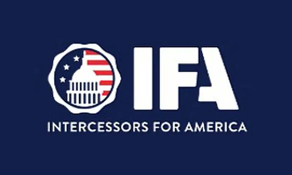 Logo includes IFA in large text next to a graphic showing the Capitol dome and US flag imagery, with "Intercessors for America" spelled out underneath. Text is white on a navy blue background.