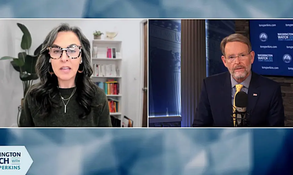 Split-screen image from "Washington Watch with Tony Perkins." Katy Fausst, a white woman with long black and gray hair, is seated at the left in what looks like a home office; FRC President Tony Perkins is on the right in a studio setting with FRC logos visible behind him. 