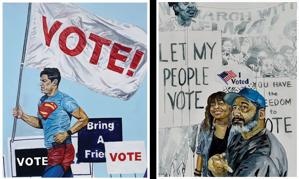 Two pieces of art by Michael Dixon. Left: A painting of a man in a Superman t-shirt running with a flag that reads "VOTE!" and Right: A painting of two people in front of a protest in which a sign is being held reading "Let my people vote." 