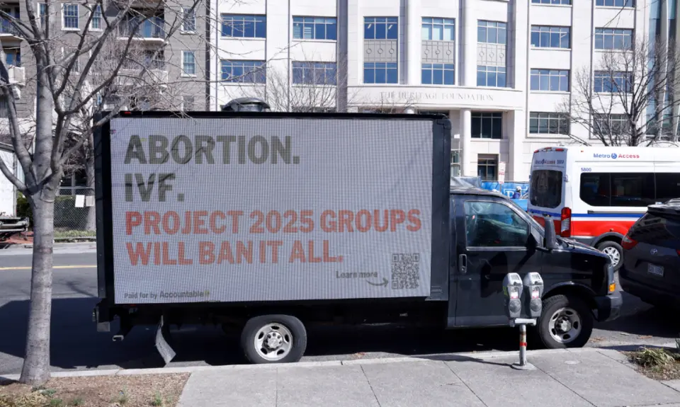“Expose Project 2025” campaign, Heritage Foundation, March 2024, Washington, DC. Photo: Paul Morigi/Getty Images for Accountable.US