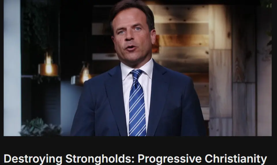 Rob Pacienza, in suit and tie, speaks into camera over text reading "Destroying Strongholds: Progressive Christianity"