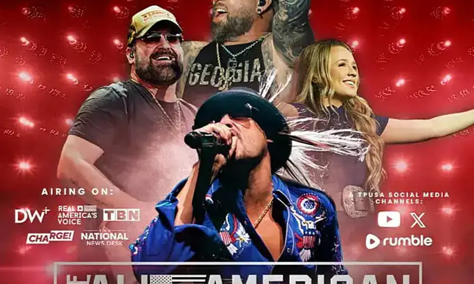 Promotional poster for TPUSA's "All-American Halftime Show" featuring Kid Rock and other musicians.