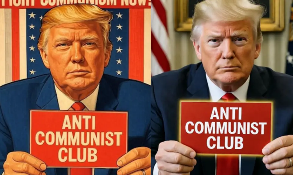 Side by side images, one a photograph and one an illustration, showing Donald Trump looking into the camera and holding a sign that reads "ANTI COMMUNIST CLUB." The illustrated version includes the text "FIGHT COMMUNISM NOW" across the top of the image.