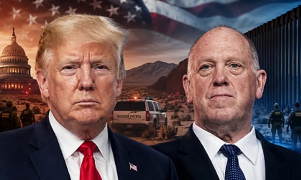 Photo illustration from online fundraiser shows head-and-shoulders images of President Donald Trump and Tom Homan side-by-side; behind them are images of the U.S. Capitol and the border wall. The US flag appears in the sky above them. 