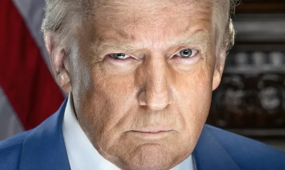 Close-up portrait of Donald Trump looking sinister (detail from his official White House photo)
