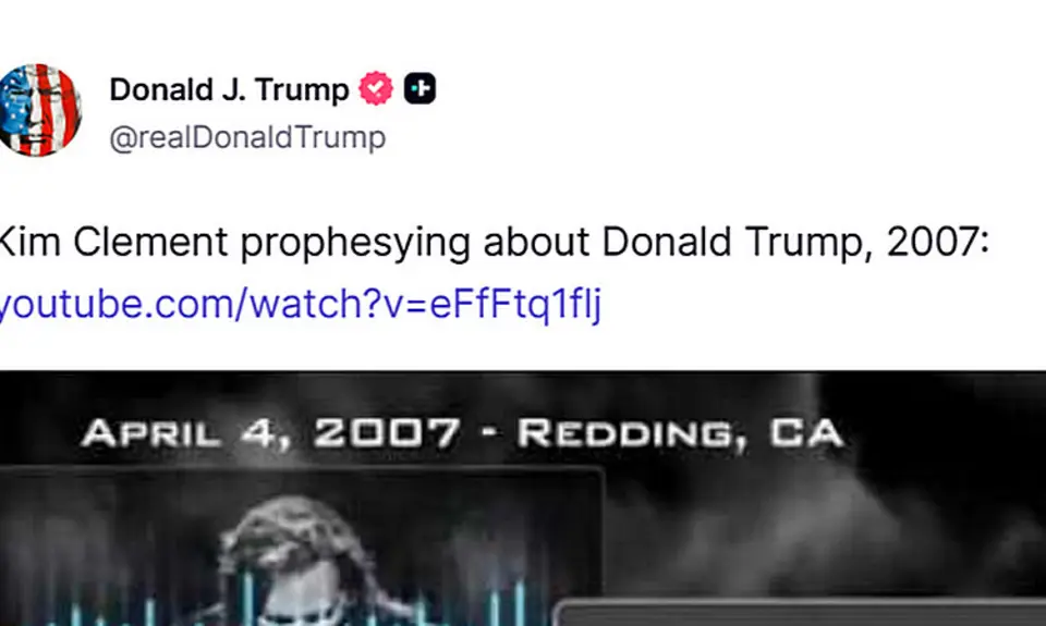 Screenshot of Trump post to Truth social. Text reads "Kim Clement prophesying about Donald Trump, 2007 and includes link to YouTube video that excerpts "prophetcies" made by the late Kim Clement