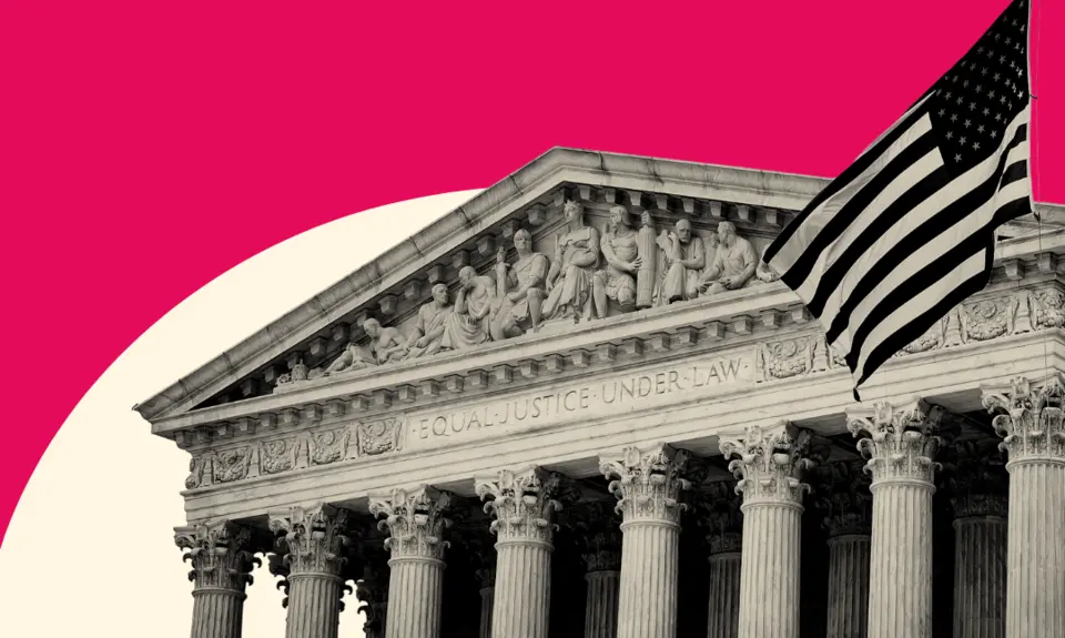 Stylized picture of the Supreme Court against a red background