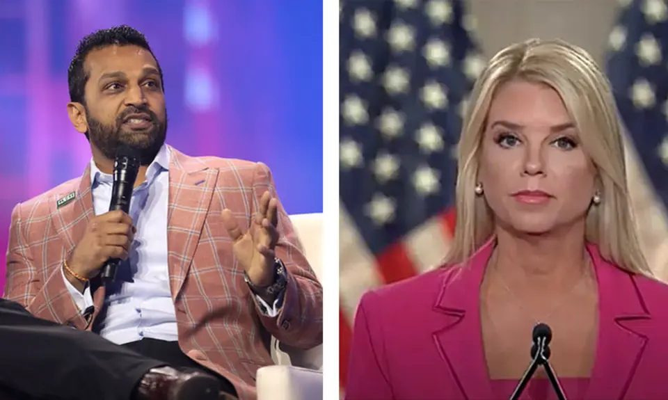 Kash patel in one frame on the left and Pam Bondi in another frame on the right.