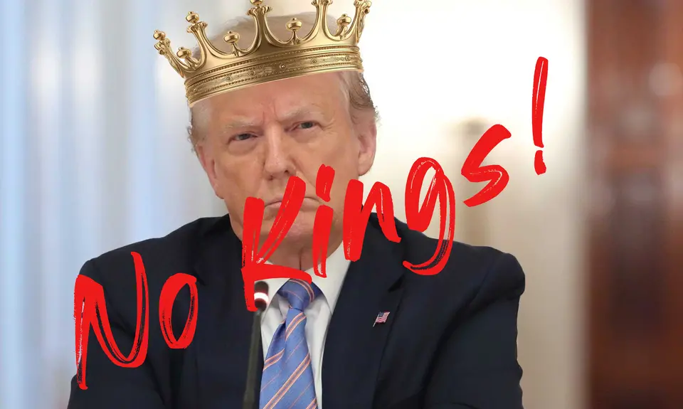 A photo of donald trump wearing a crown with the words "no kings" written across it. 