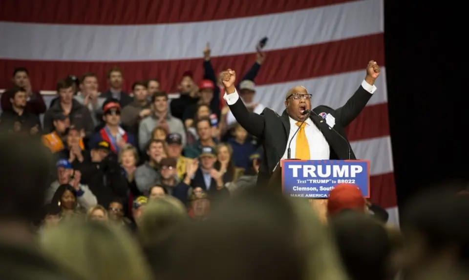 Pastor Mark Burns speaking at a rally for Donald Trump in 2016.
