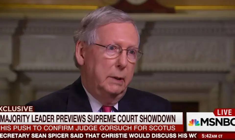Screenshot of MSNBC interview with Mitch McConnell with caption "Majority Leader Previews Supreme Court Showdown"