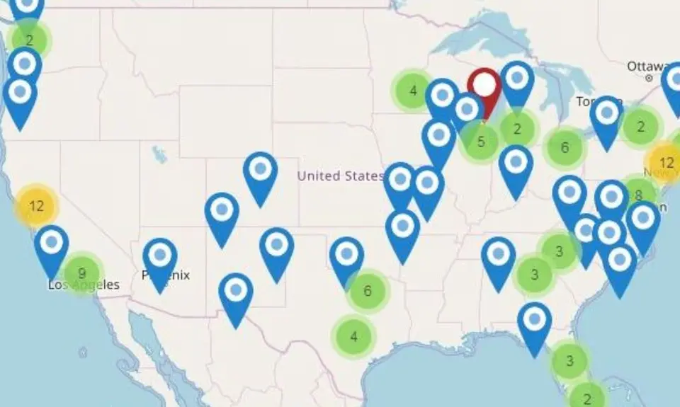 A map of the United States with pins in various cities