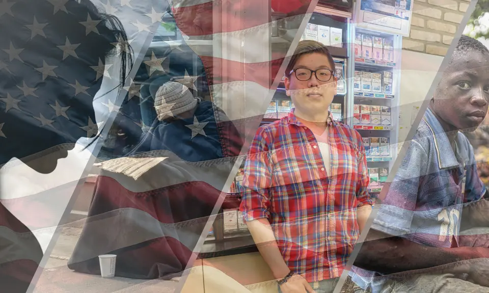 Blended image showing a the silhouette of a woman, a homeless individual, an Asian man, and a young Black child