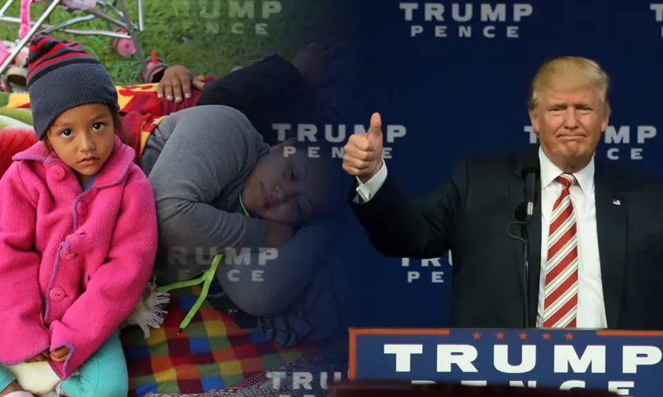 Left: A Salvadoran family fleeing poverty and gang violence wakes up at dawn at an ad hoc migrant shelter at a sports field near the U.S.-Mexico border in November 2018. Right: Trump gives a thumbs up at a campaign rally in September 2016.