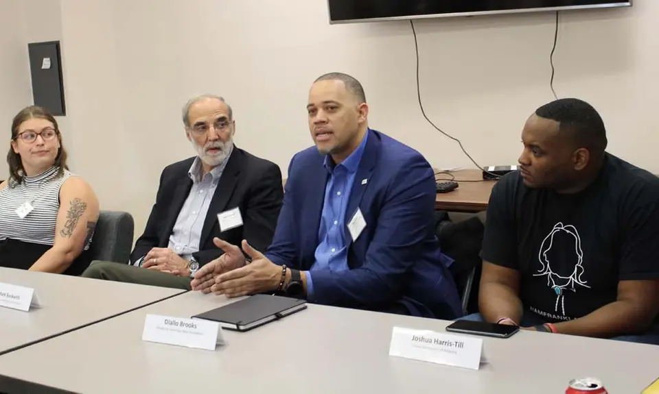 Bishop Mark Beckwith (Bishops United Against Gun Violence), Joshua Harris-Till (Young Democrats of America), Mallory Long (National Democratic Redistricting Committee), and Diallo Brooks (People For the American Way) speak on a panel in December 2019.