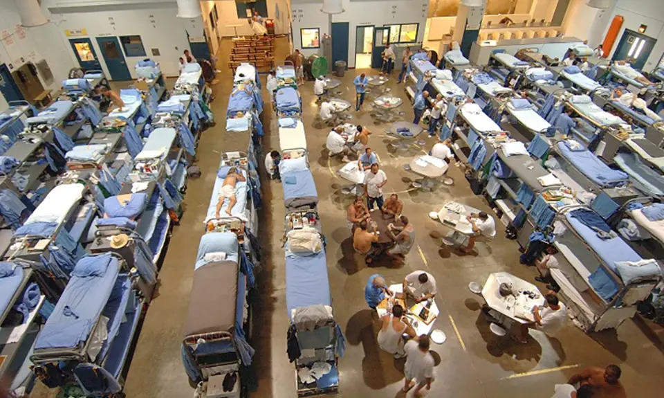 A birds-eye view of a crowded California state prison.