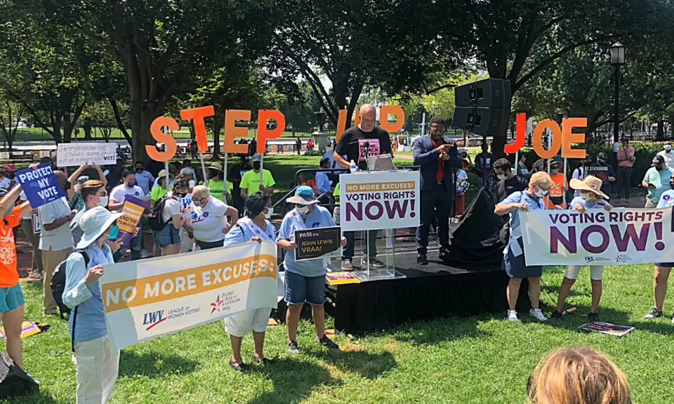People For President Ben Jealous speaks at a rally on August 24, 2021. "No More Excuses: Voting Rights Now!"