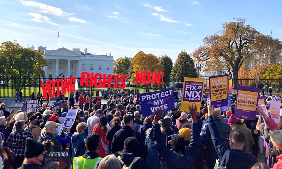 A crowd of 800 people demonstrate for voting rights in front of the White House on November 17, 2021.