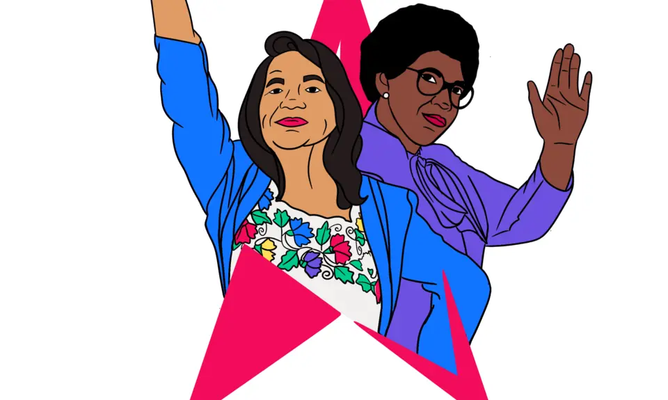 A drawing of Dolores Huerta and Barbara Jordan.