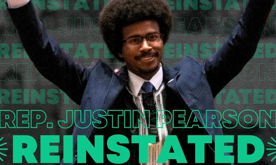 Rep. Justin Pearson raising his hands with text reading "Justin Pearson Reinstated"