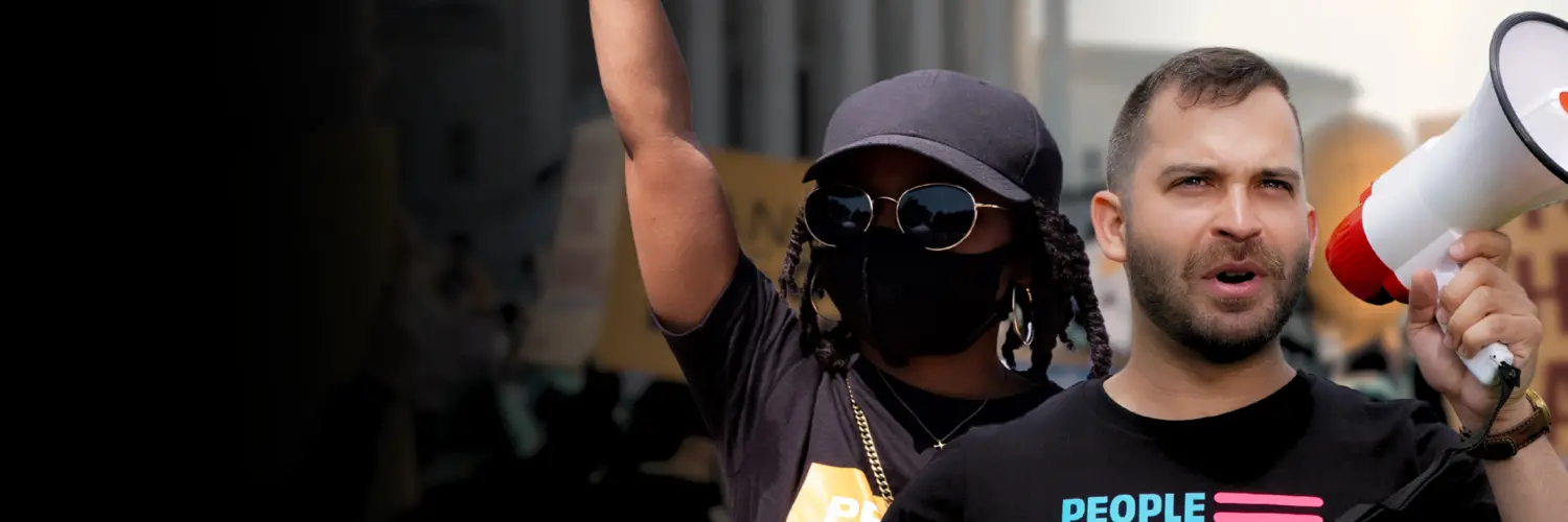 Pictures of people at a protest that reads "the resistance starts now" 