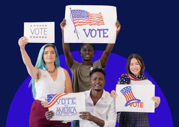 Four people, a woman with blue hair, a woman with brown hair, and two Black men hold signs that say "Vote"