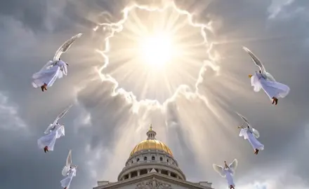 Illustration shows angels surrounding a portal to the heaves above the Colorado statehouse. 