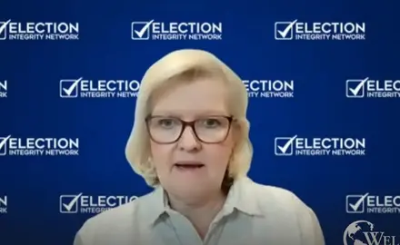 Cleta Mitchell, a white woman wearing glasses, appears in front of a backdrop step-and-repeat with Election Integrity Network logo; the logo for Jim Garlow's Well Versed podcast is partially visible in lower right corner.