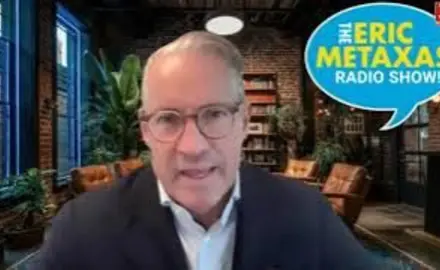 Eric Metaxas faces the camera, screen includes graphic with text The Eric Metaxas Radio Show
