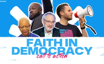 A group of people arranged above a graphic that reads "Faith in Democracy Call to Action"