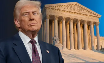 Graphic from Intercessors for America's "special report" titled "Power Struggle: Trump vs. Activist Judges" is photo montage of Trump and front of the U.S. Supreme Court building. 