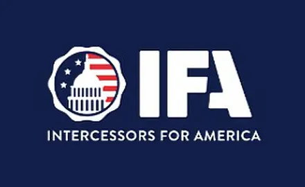 Logo includes IFA in large text next to a graphic showing the Capitol dome and US flag imagery, with "Intercessors for America" spelled out underneath. Text is white on a navy blue background.