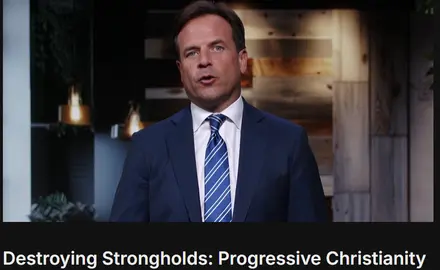 Rob Pacienza, in suit and tie, speaks into camera over text reading "Destroying Strongholds: Progressive Christianity"
