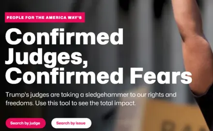 A screenshot of confirmedfears.org with text reading "Confirmed Judges, Confirmed Fears"