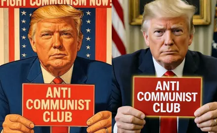 Side by side images, one a photograph and one an illustration, showing Donald Trump looking into the camera and holding a sign that reads "ANTI COMMUNIST CLUB." The illustrated version includes the text "FIGHT COMMUNISM NOW" across the top of the image.