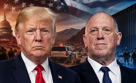 Photo illustration from online fundraiser shows head-and-shoulders images of President Donald Trump and Tom Homan side-by-side; behind them are images of the U.S. Capitol and the border wall. The US flag appears in the sky above them. 