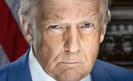 Close-up portrait of Donald Trump looking sinister (detail from his official White House photo)