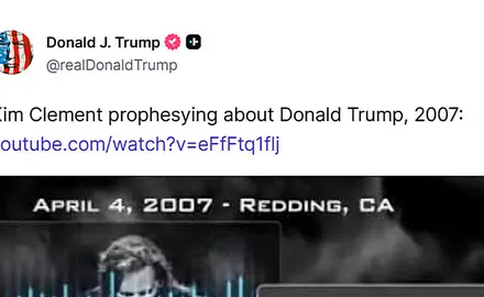 Screenshot of Trump post to Truth social. Text reads "Kim Clement prophesying about Donald Trump, 2007 and includes link to YouTube video that excerpts "prophetcies" made by the late Kim Clement