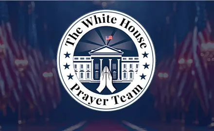 Image of The White House Prayer Team logo: Illustration of praying hands and a cross superimposed over the White House, surrounded by a circle containing stars and the words The White House Prayer Team