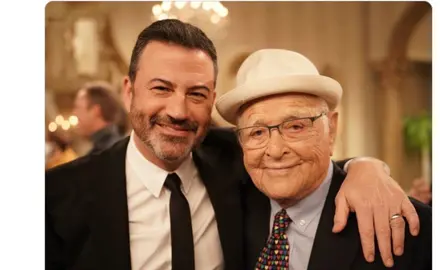 Social media post by Jimmy Kimmel reads "Missing this guy today" over photo of Kimmel with his arm around the late Norman Lear, both of them smiling for the camera.